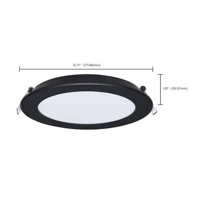 Satco 6-inch black LED wafer downlight with remote driver, 11W, adjustable color temperatures 27K-5K, canless design.