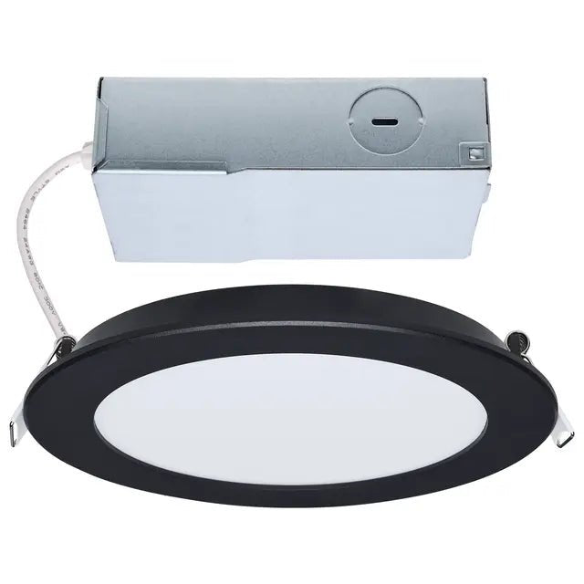 Satco LED 6-inch black canless downlight with remote driver, 11W, adjustable color temperatures 27K to 5K, wafer-style lighting.