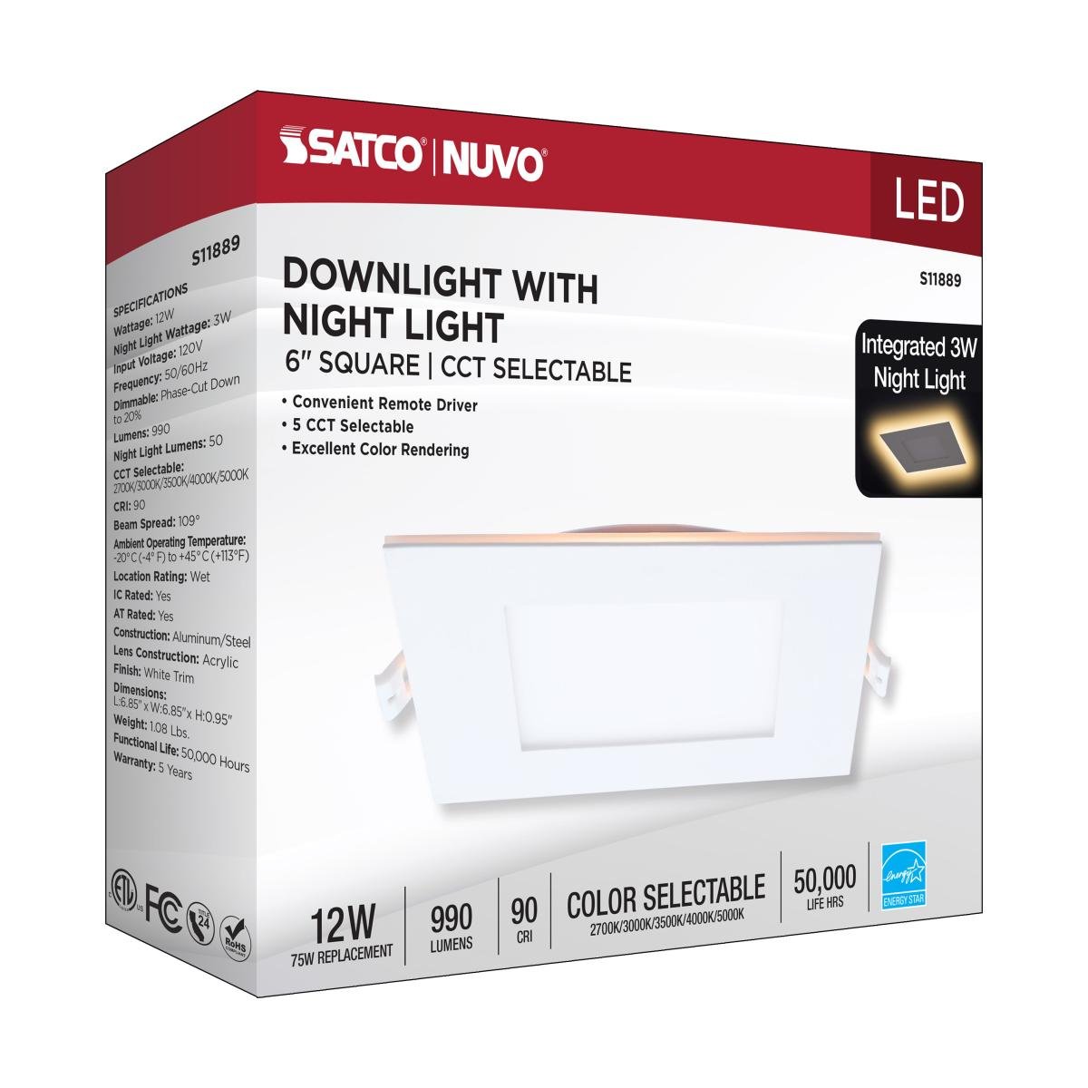 Satco 6-inch LED wafer downlight with night light and CCT selection, 12 watts, canless design, ideal for modern ceilings.