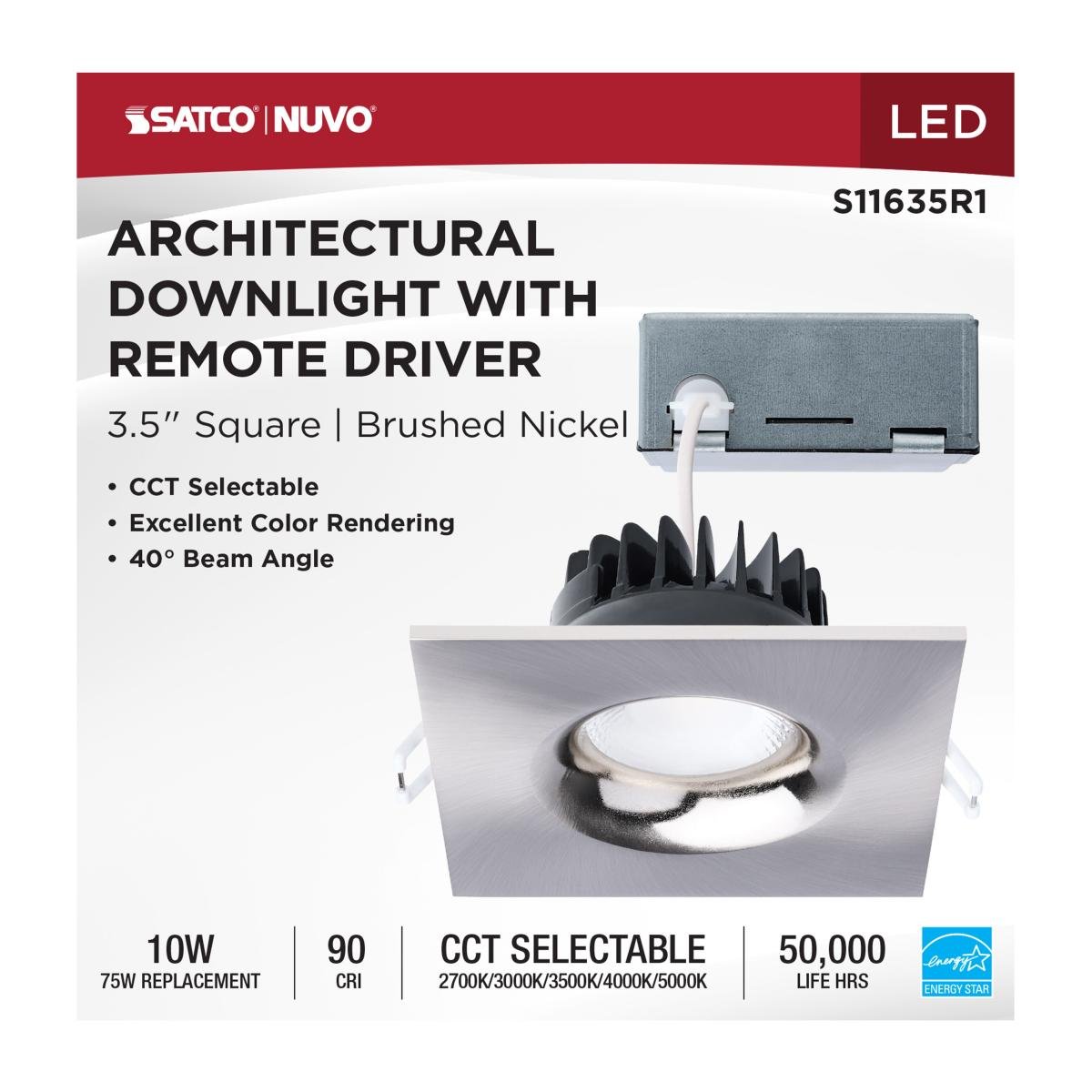 Square brushed nickel Satco LED wafer downlight, 10W, 4-inch, with remote driver and adjustable CCT lighting.