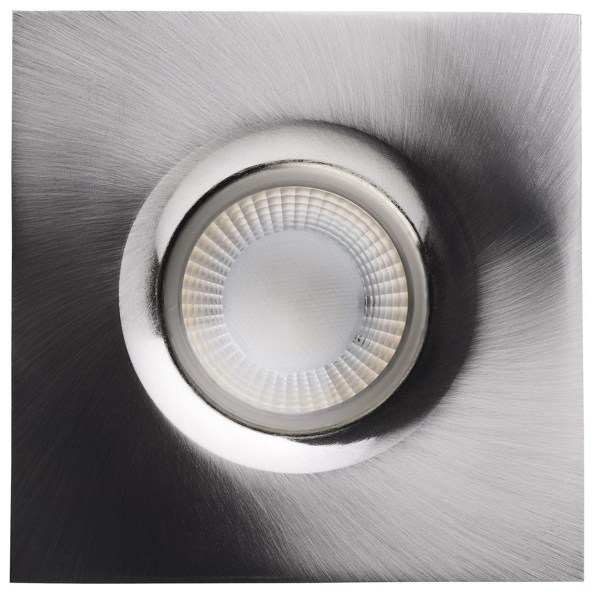 Square brushed nickel LED wafer downlight with 10W, 4-inch size, remote driver, and adjustable CCT from Satco.