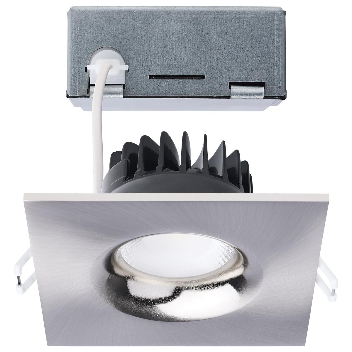 Square brushed nickel Satco LED wafer downlight, 10W, 4-inch, direct wire, remote driver, adjustable CCT, modern lighting fixture.