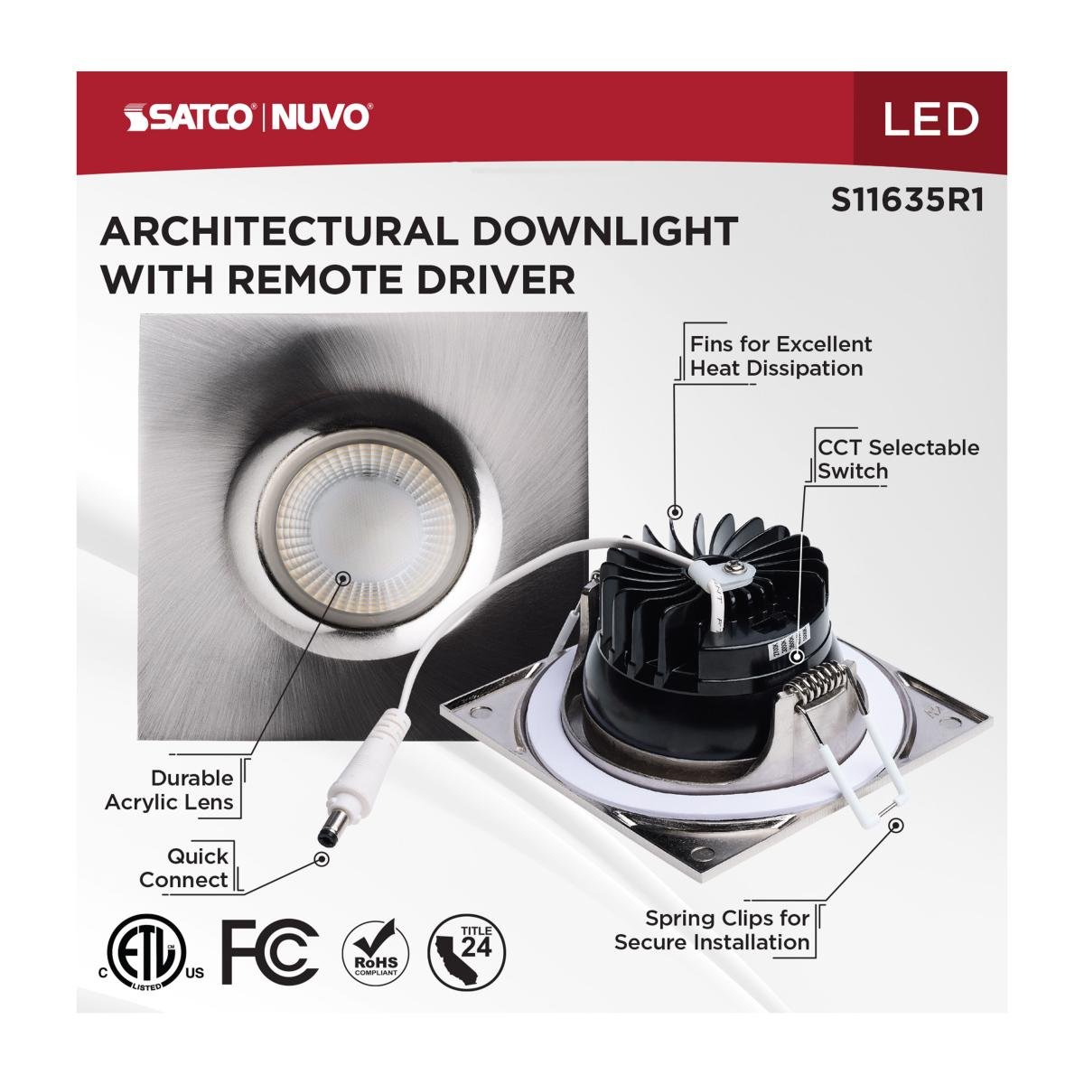 Satco Square Brushed Nickel 10W LED Wafer downlight with remote driver and adjustable CCT, designed for direct wire installation.