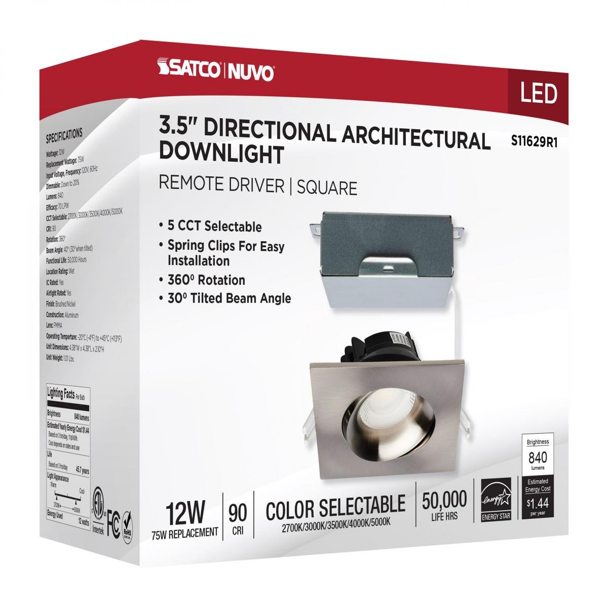 Satco square brushed nickel 12W LED wafer downlight with gimbaled design, 3.5-inch size, adjustable angle, and CCT options.