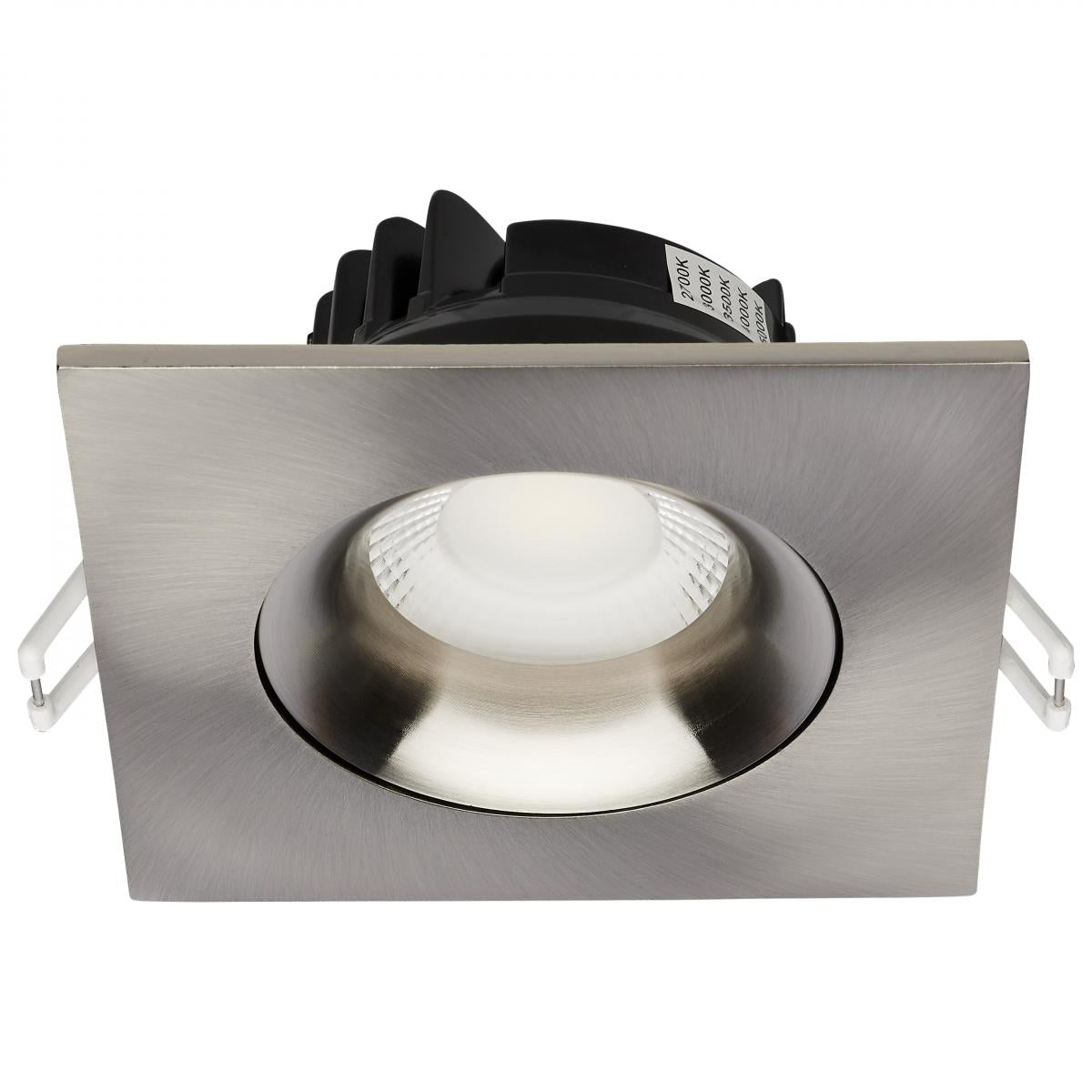 Square brushed nickel Satco LED wafer downlight, 12W gimbaled 3.5-inch LED direct wire light with adjustable CCT.