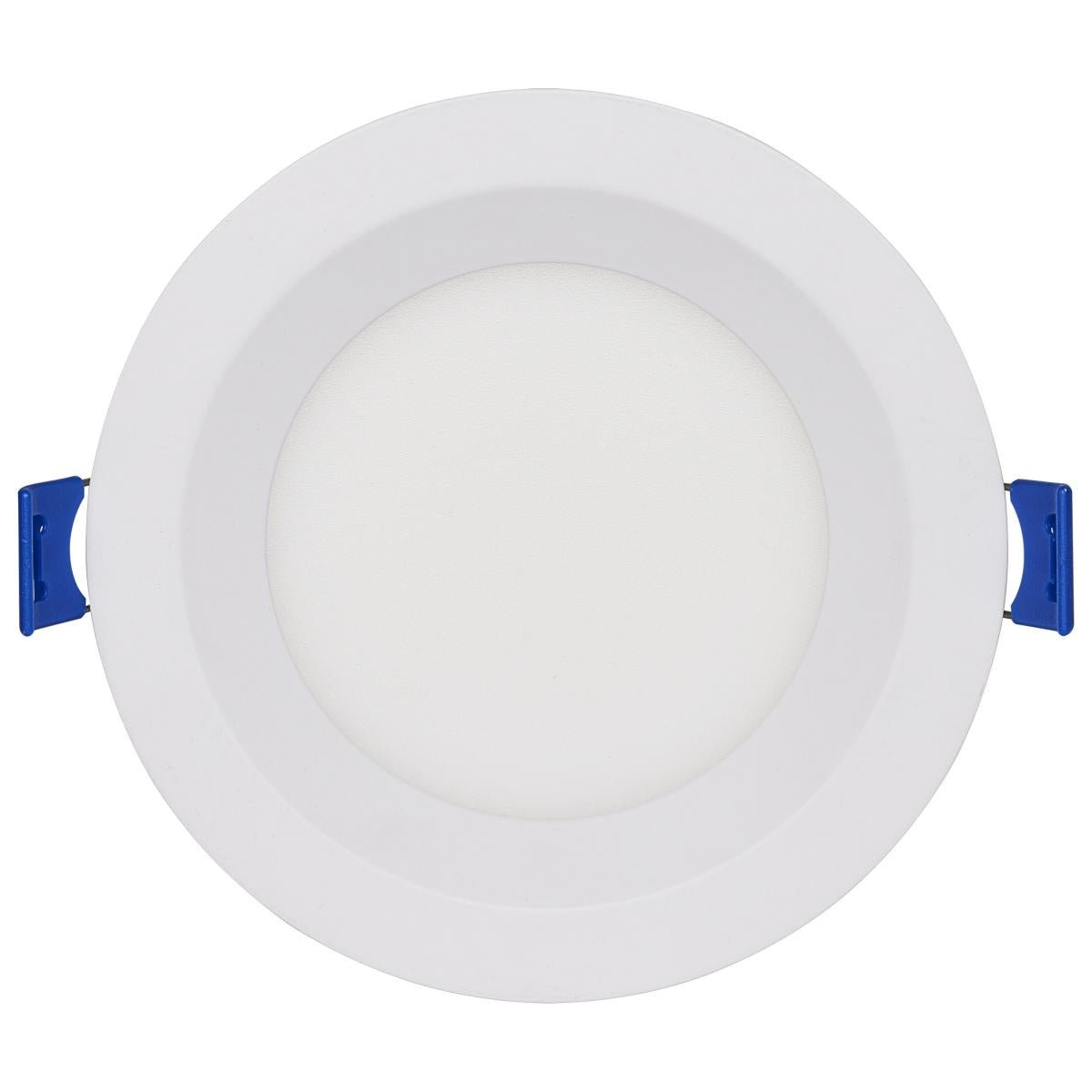SATCO 4-inch round LED wafer downlight with tunable white and RGB lighting, 9W, low profile, direct wire, baffle design.