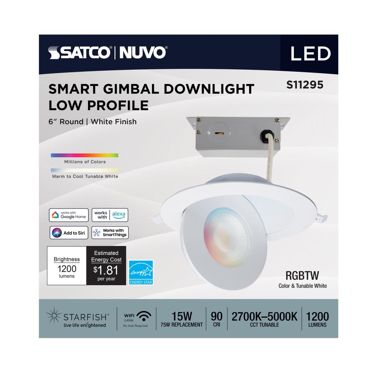 Satco 15W white RGB and tunable white LED wafer gimbaled downlight, 6-inch LED Gimbaled Downlight for adjustable lighting.