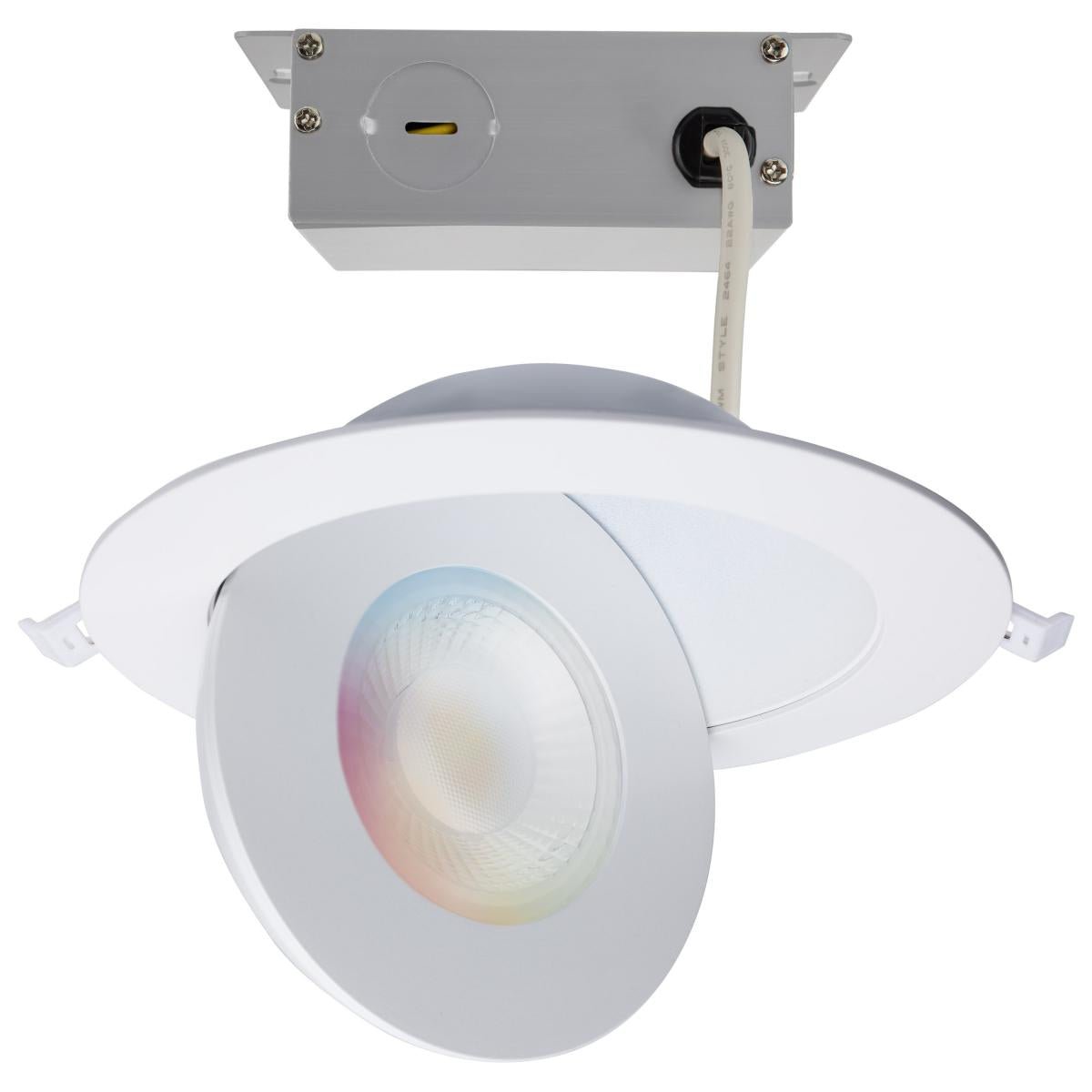 White Satco 15W RGB and tunable white LED wafer gimbaled downlight, 6-inch, for adjustable lighting.