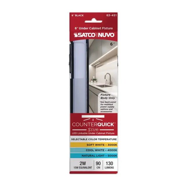 Black 2-Watt 6-inch LED under cabinet lighting by Satco with selectable 30K, 40K, or 50K color temperature.