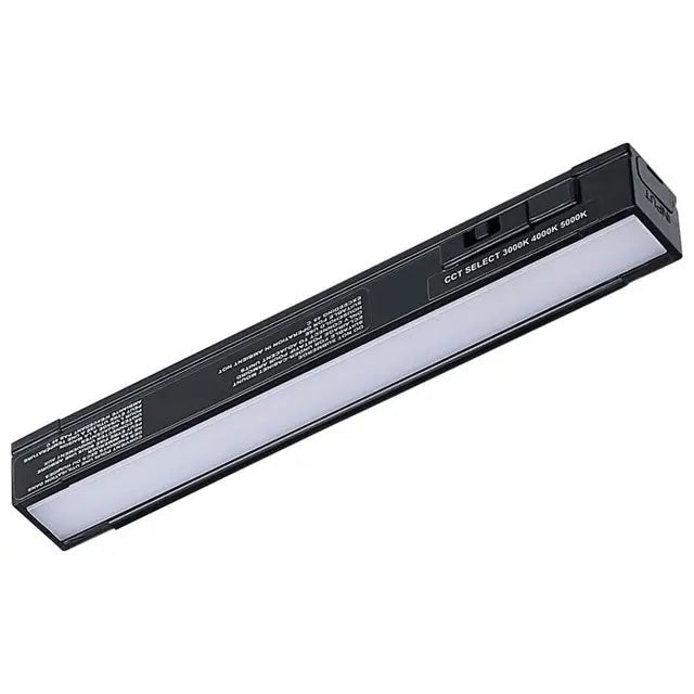 Black 2W 6-inch LED under cabinet light by Satco with adjustable 30K/40K/50K CCT for versatile kitchen or workspace lighting.