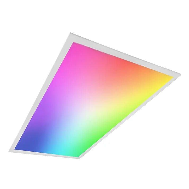 Westgate RGBW LED Panel 2x4 ceiling light with remote control and app for customizable lighting, mounted on ceiling.