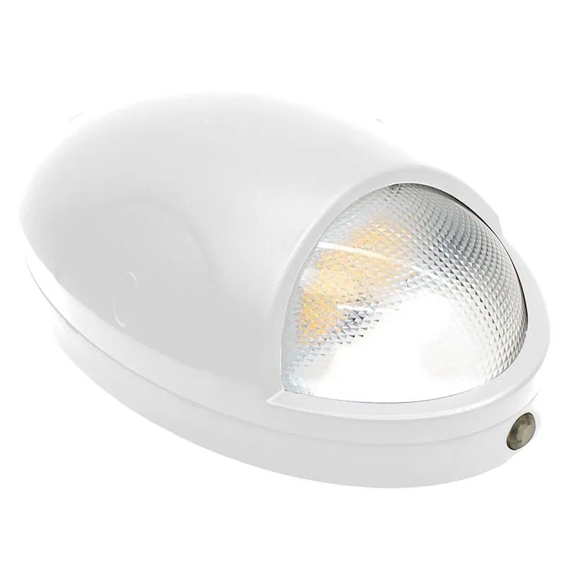 White Westgate outdoor LED emergency wallpack, 15W, decorative design with adjustable CCT for outdoor emergency lighting.