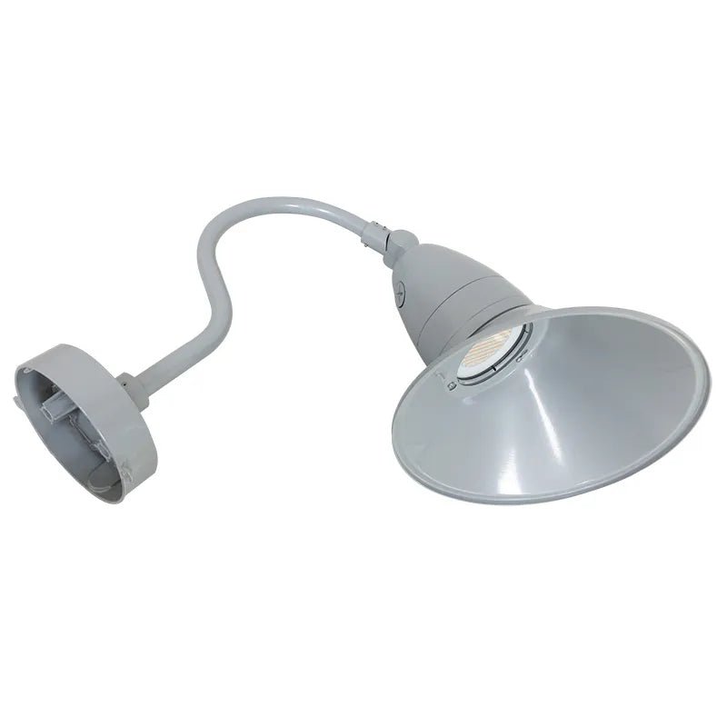 11-inch silver gooseneck LED barn light by Westgate with integrated photocell, angled design for exterior lighting fixtures.
