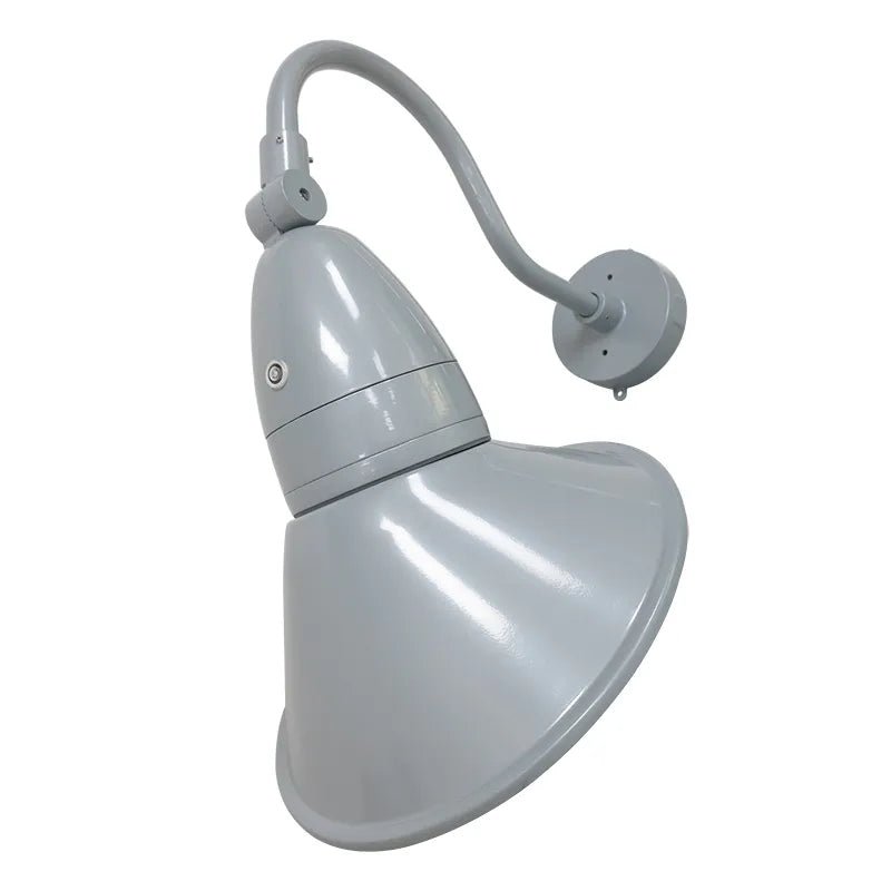 Westgate 11" silver gooseneck LED barn light with angled design, integrated photocell for outdoor lighting, CCT adjustable.