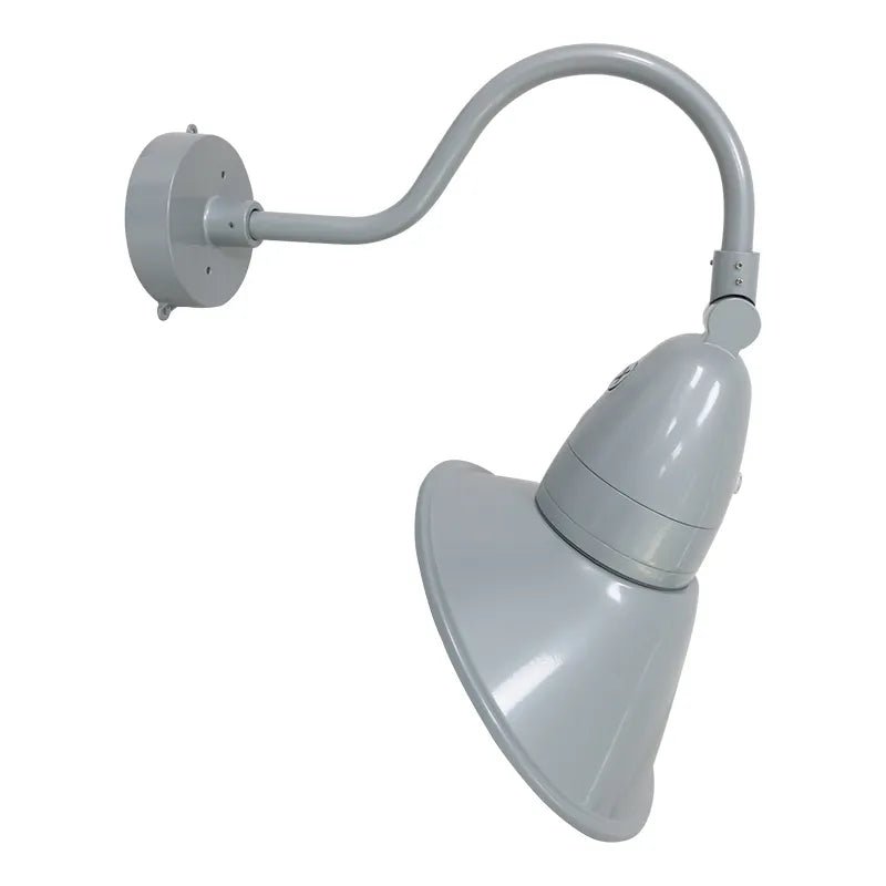 Westgate 11-inch angled silver gooseneck LED barn light with integrated photocell, exterior lighting fixture for outdoor illumination.