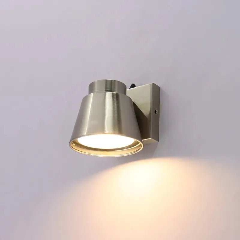 Brushed nickel Westgate outdoor wall sconce with mini-cone design, 5-inch height, photocell, and 10W CCT lighting.