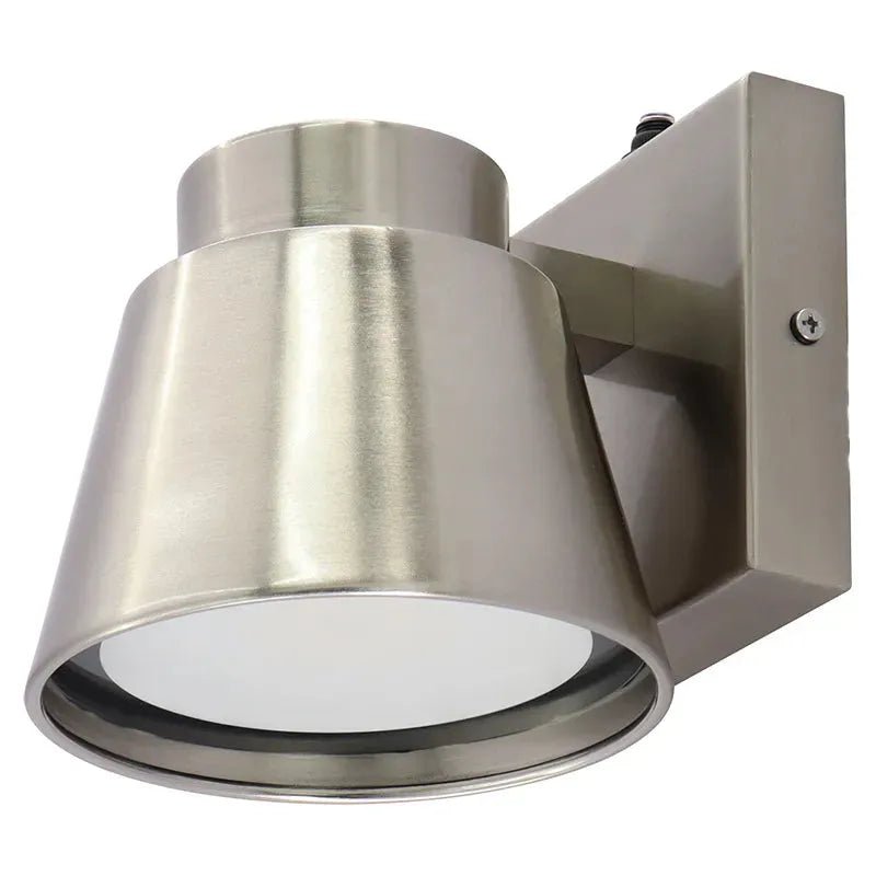 Westgate brushed nickel 5-inch mini-cone outdoor wall sconce with photocell, 10W LED exterior lighting fixture on a wall.