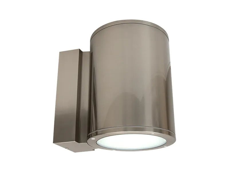 Brushed nickel LED cylinder wall sconce by Westgate, 40 watt exterior lighting fixture with adjustable CCT, mounted on wall.