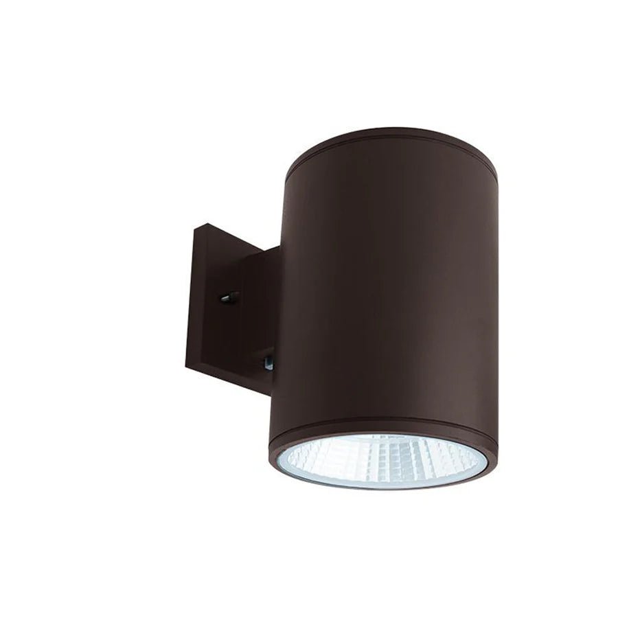 Black 6-inch LED wall mount cylinder light by Westgate, 20W exterior fixture with adjustable 3000K-5000K color temperatures.