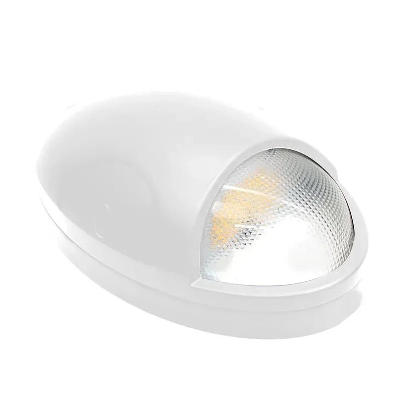 White oval exterior wall pack with photocell, 15W LED light, 3000K/4000K/5000K, by Westgate for outdoor lighting.