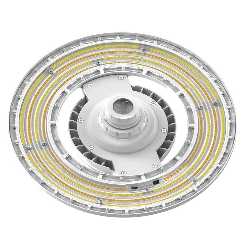 Westgate IP69 UFO high bay fixture for food and chemical facilities, 100W, 120W, or 150W, with adjustable CCT settings.