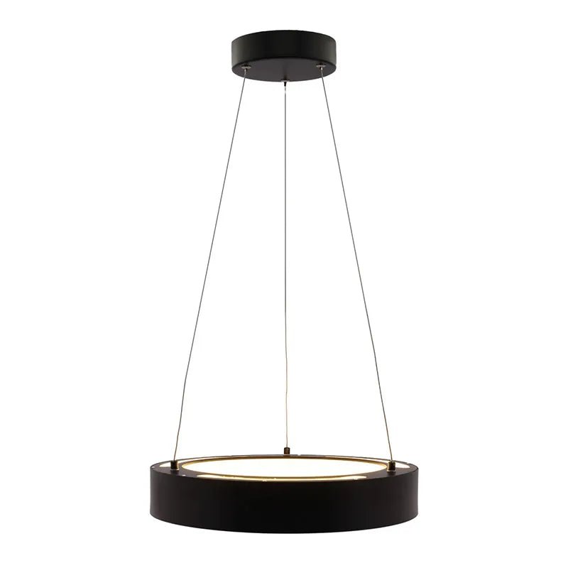 Westgate LED black 18-inch hollow circle pendant ceiling fixture with uplight, 30W, modern lighting design for contemporary interiors.