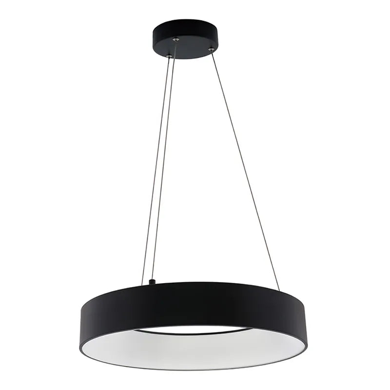 Westgate 18-inch black LED hollow circle pendant light with uplight, 30W ceiling fixture for modern interior lighting.