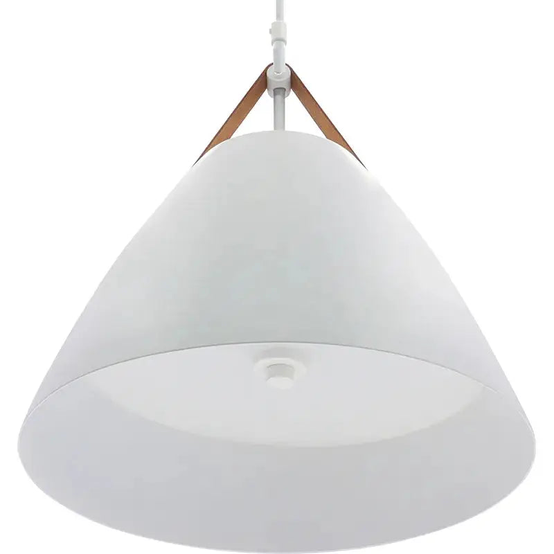 LED White Nordic Design Pendant Light by Westgate featuring a leather strap, 25W LED ceiling fixture with adjustable color temperature.