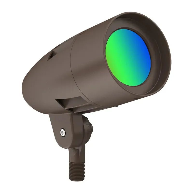 Westgate 15W RGB Bluetooth LED Flood Light in bronze, showcasing adjustable color options and outdoor lighting features.