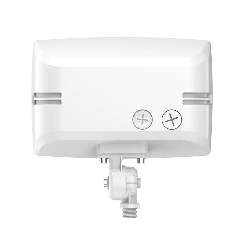 White Westgate LED round-back flood light with knuckle mount and photocell, available in 45W, 60W, and 80W options.