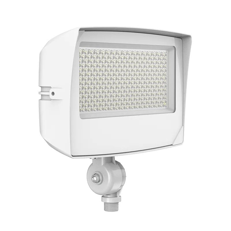 White LED round-back flood light with adjustable knuckle and photocell, available in 45W, 60W, and 80W for outdoor illumination.