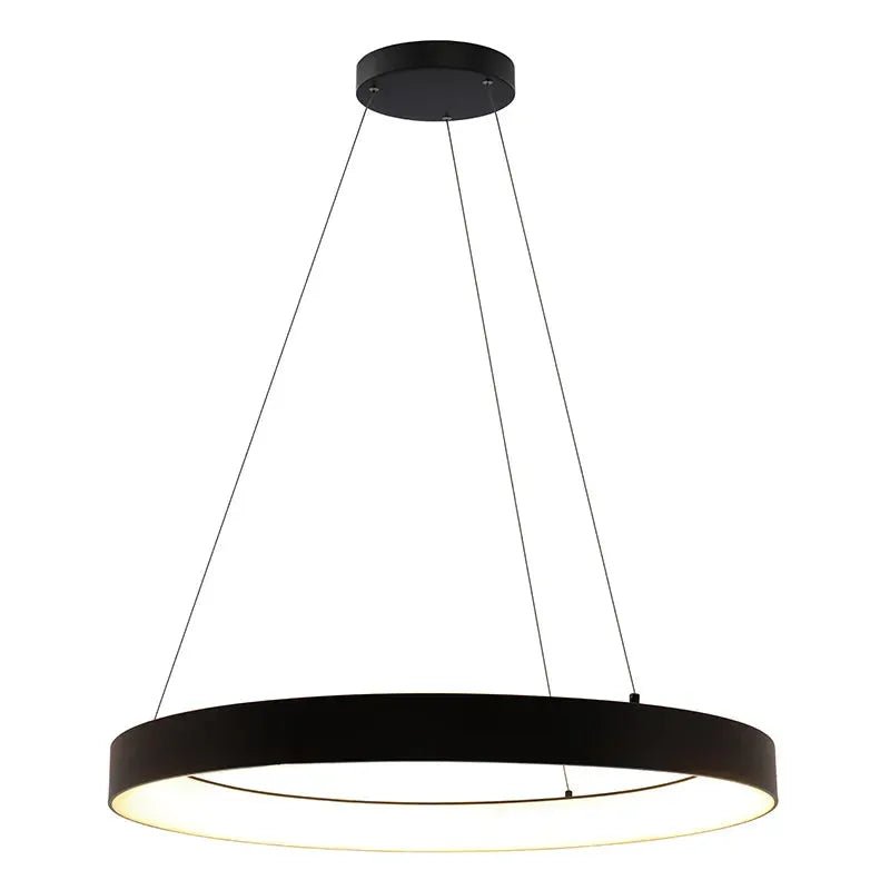 Black 36-inch hollow circle pendant with uplight, 80W LED fixture by Westgate, featuring adjustable CCT lighting for modern decor.