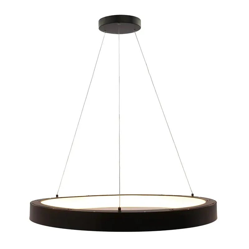 Black 36-inch hollow circle pendant with uplight, 80W LED fixture by Westgate, featuring adjustable CCT lighting.