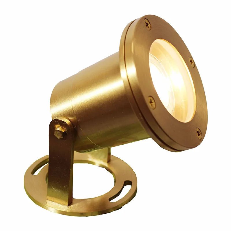 Brass underwater LED light fixture by Westgate, 12V, 400 lumens, ideal for pool or fountain lighting.