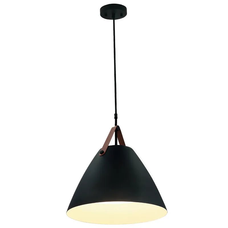 LED Black Nordic Pendant Light with leather strap, 25W CCT, Westgate LED lighting fixture featuring modern design and adjustable brightness.