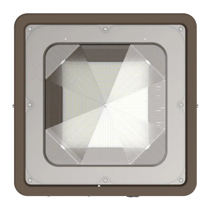 Westgate LED bronze square canopy light with emergency backup, adjustable wattage, and color options for outdoor lighting.