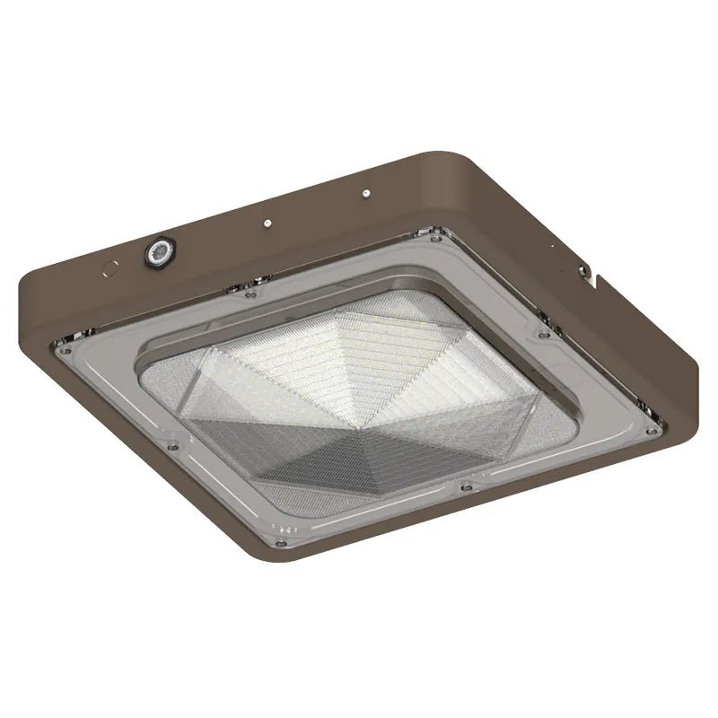 Westgate LED bronze square canopy light with emergency backup, adjustable wattage and color options, ideal for outdoor lighting fixtures.