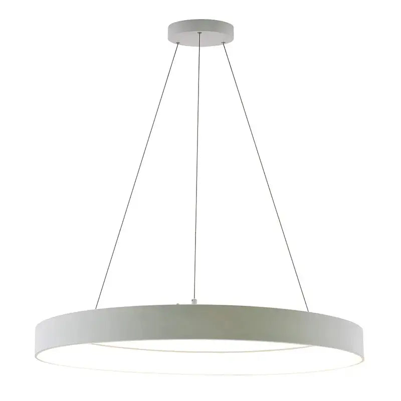 White 36-inch hollow circle pendant with uplight, 80W LED fixture by Westgate, featuring adjustable CCT lighting.