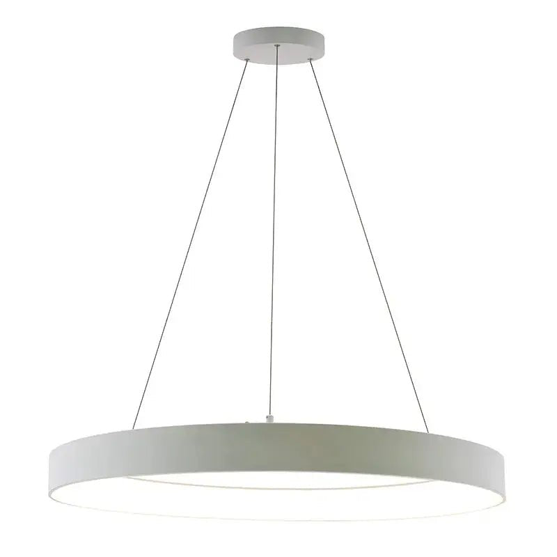 White 36-inch hollow circle pendant with uplight, 80W LED fixture by Westgate, featuring adjustable CCT lighting.