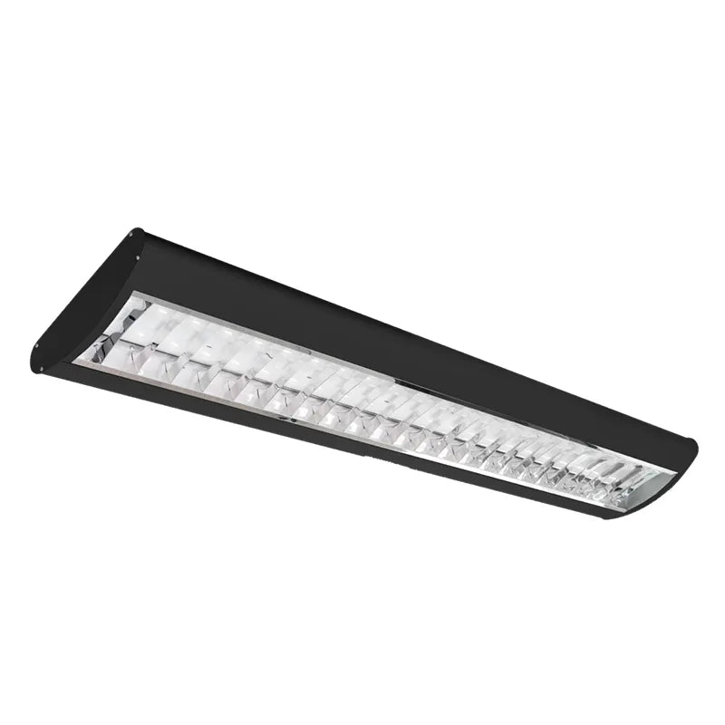 Black Westgate LED linear suspended 4ft parabolic down light fixture showing adjustable color and wattage settings.