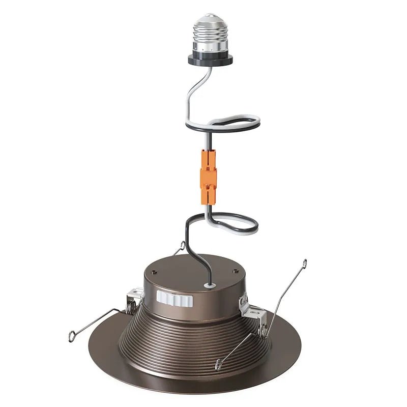 Oil rubbed bronze metal baffle LED recessed trim for retrofit kits, 6-inch, with 8W, 10W, or 13W CCT adjustable lighting.