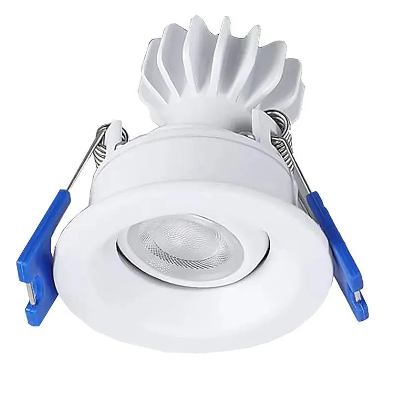 White 1-inch LED wafer light by Westgate, 6W architectural canless ceiling fixture with adjustable CCT for modern indoor lighting.