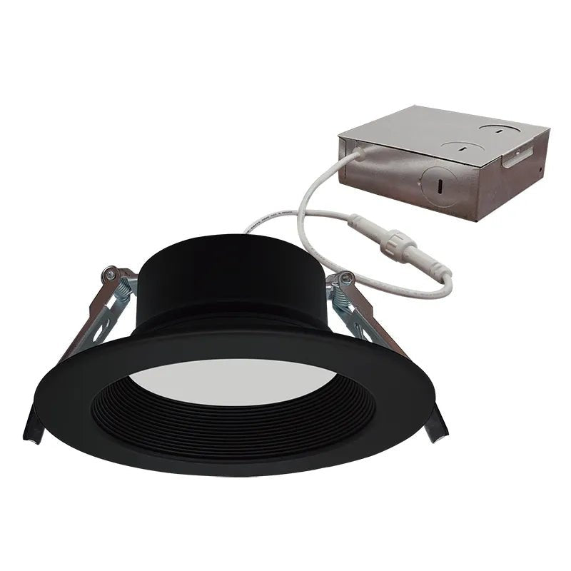 Black Westgate LED wafer 4-inch canless recessed light, 12-watt dimmable CCT LED downlight for ceiling installation.