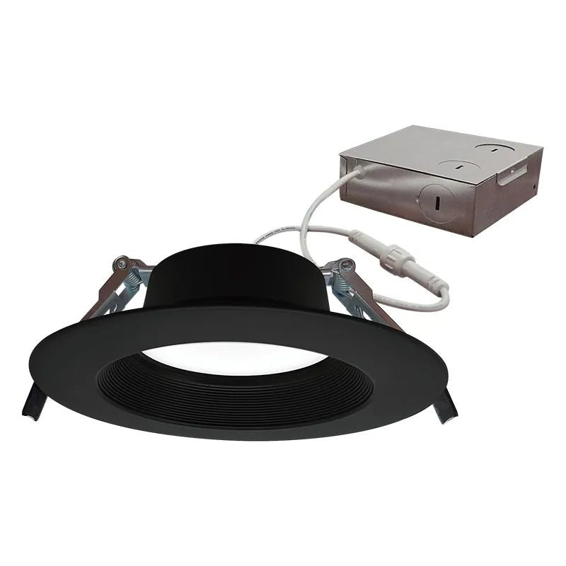 Black 6-inch Westgate LED wafer canless recessed light, 14W with dim-to-warm CCT feature, showing a sleek modern design.