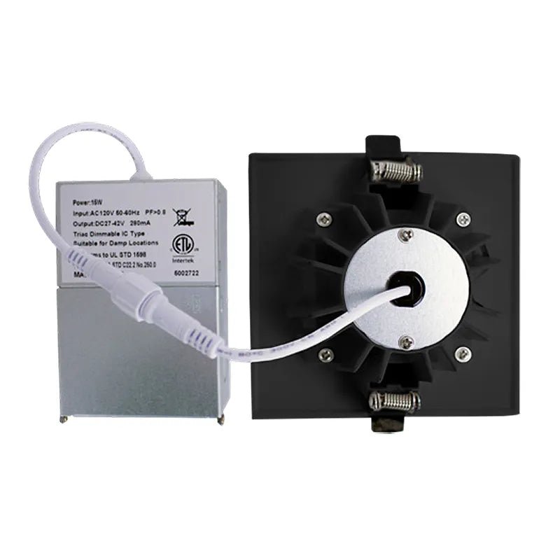 Westgate Square LED Black 2-Inch Canless Recessed Light, 9W, with adjustable color temperatures 27K-50K, LED wafer style.