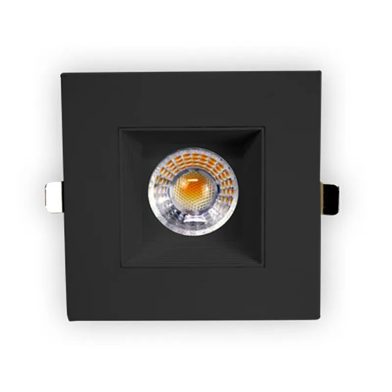 Square black 2-inch Westgate LED wafer recessed light, 9W with adjustable color temperatures 27K to 50K, canless design.