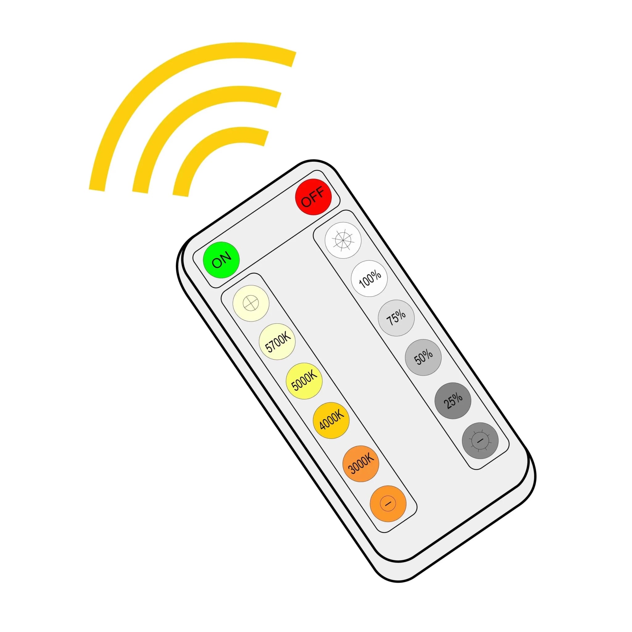 Westgate remote control for multi-color temperature and power outdoor lighting fixture, wiring device, with buttons for color and brightness control.