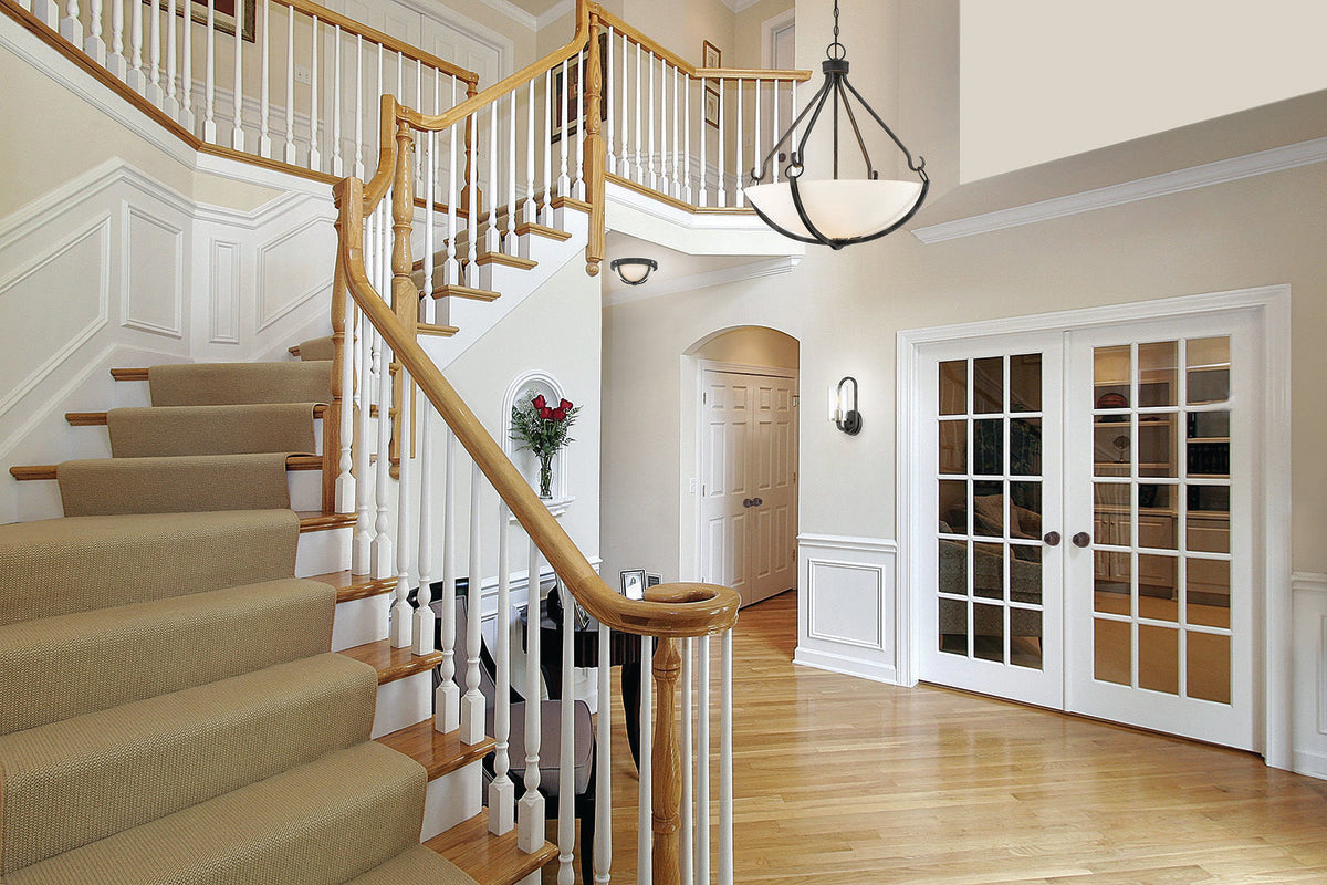 Sherwood - 2 Light 15" Flush Fixture with Satin White Glass - Iron Black Finish with Brushed Nickel Accents - Green Lighting Wholesale