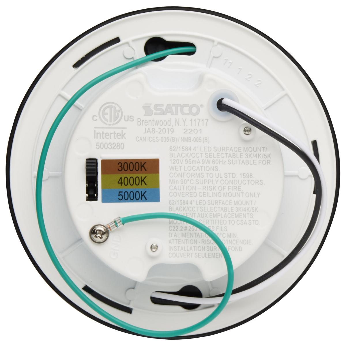 Satco 4-inch LED surface mount fixture with CCT selectable 3K/4K/5K, black finish, designed for ceiling lighting.
