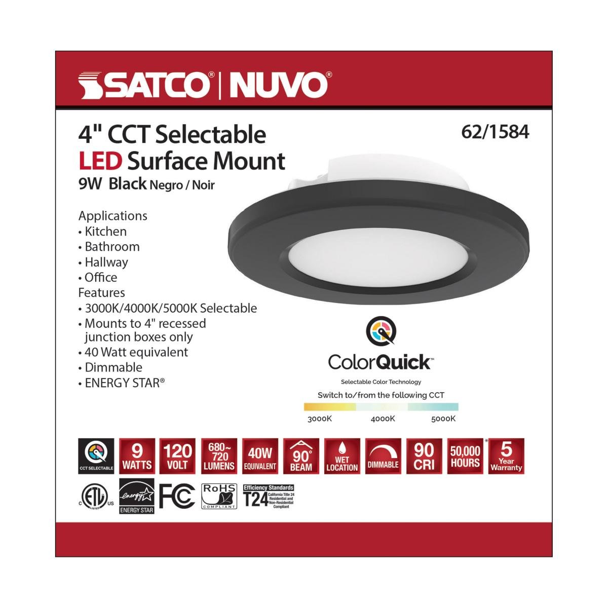 Black 4-inch LED surface mount ceiling fixture by Satco with CCT selectable 3K, 4K, or 5K color temperature.